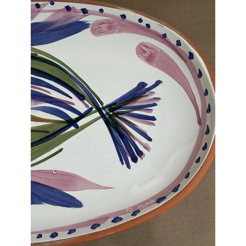 Hand Painted Italian Plate w Fish Blue Pink Green Brown 12